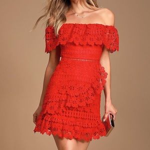 Lulus red lace off the shoulder dress